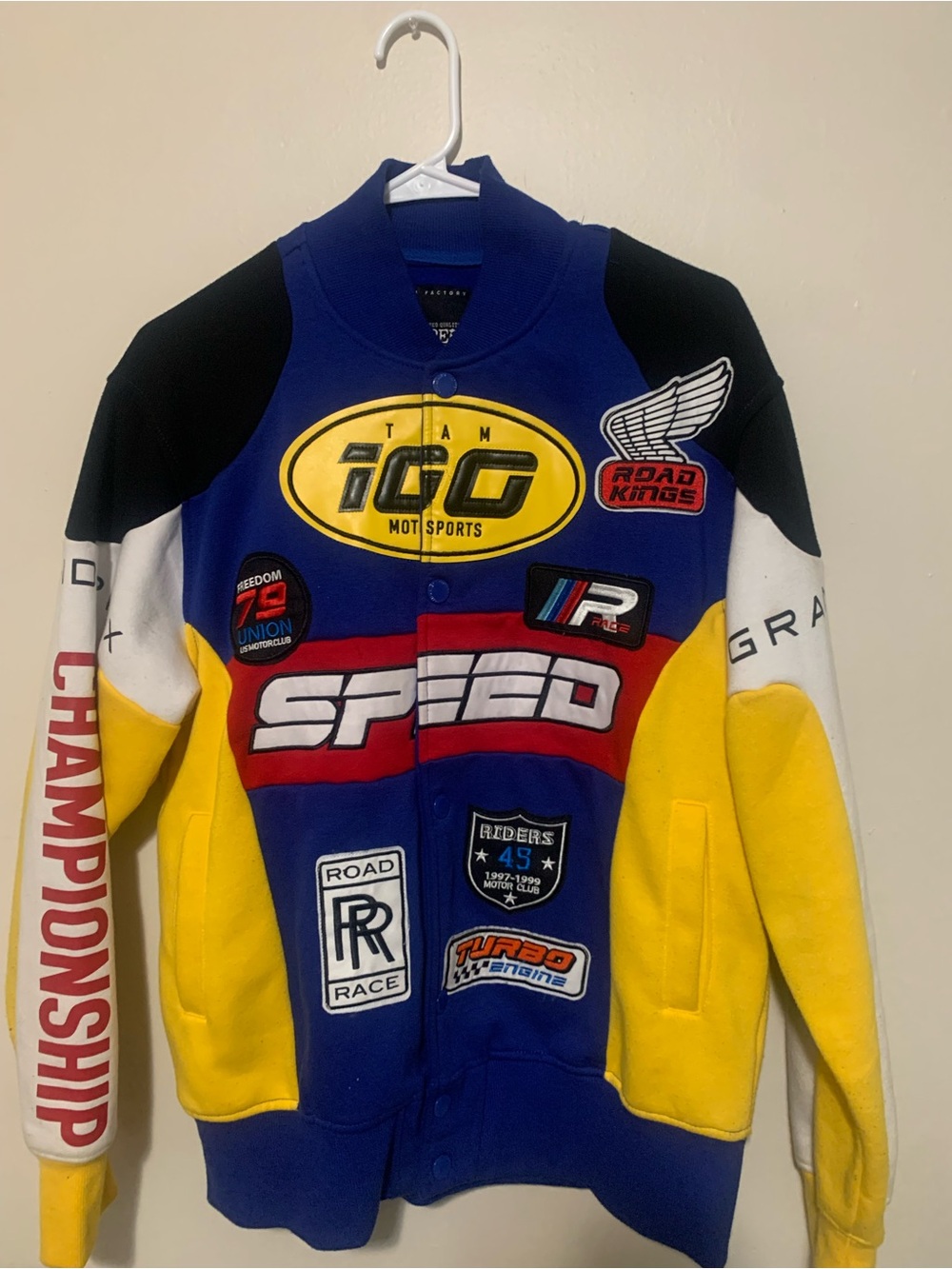 Kids Colorblock Racing Jacket with Speed Patches - Blue/Yellow/Red